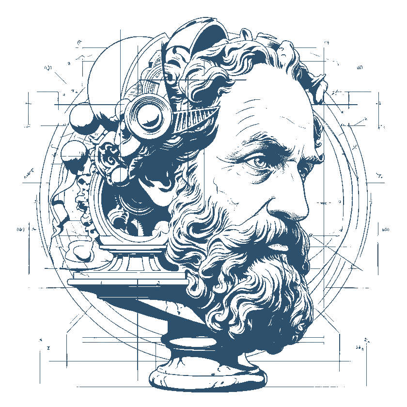 Savant mark: a da Vinci style blueprint of a classical bust wearing a headset